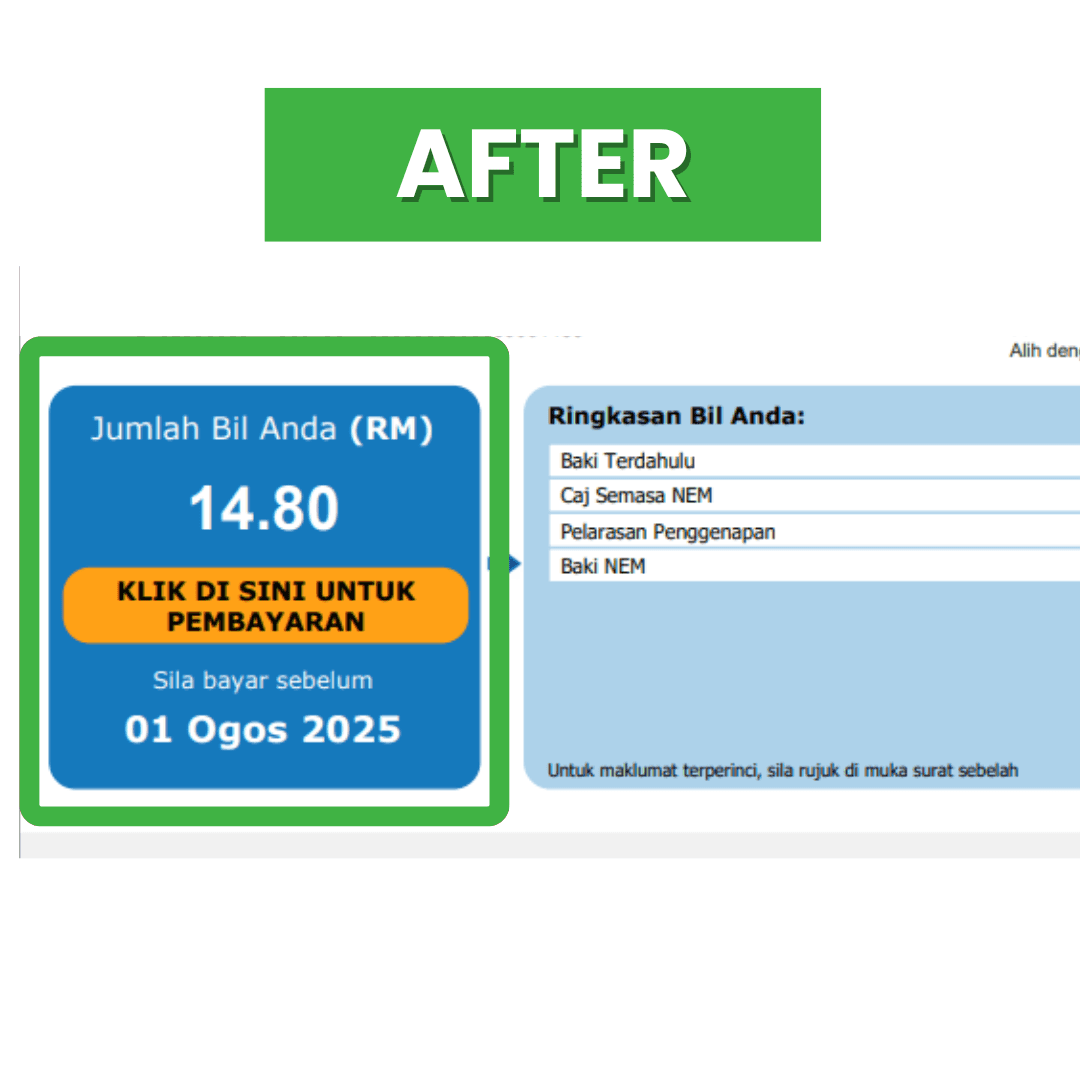 Customer TNB electric bill after MAQO Solar, totalling RM14.80