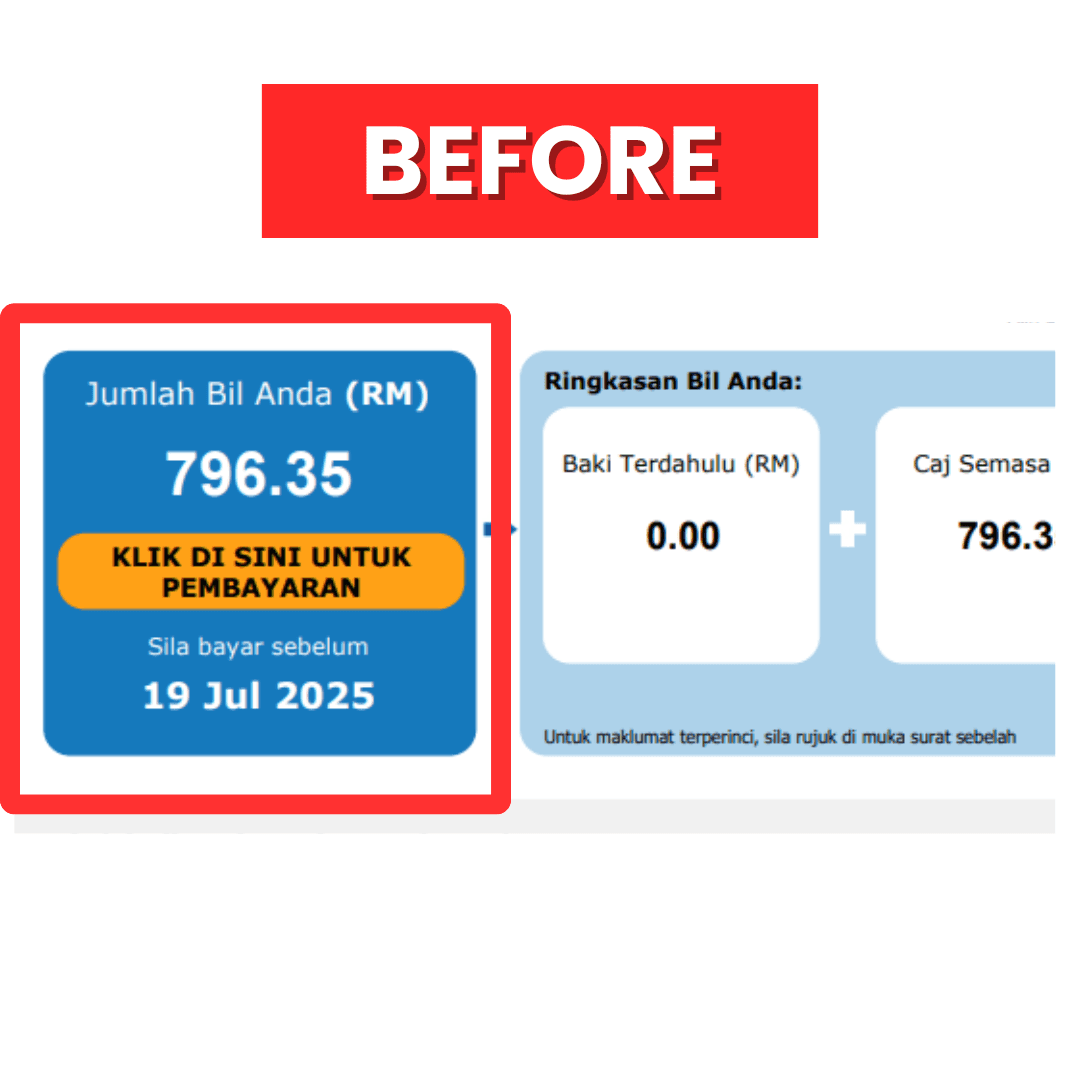 Customer TNB electric bill before MAQO Solar, totalling RM796.35